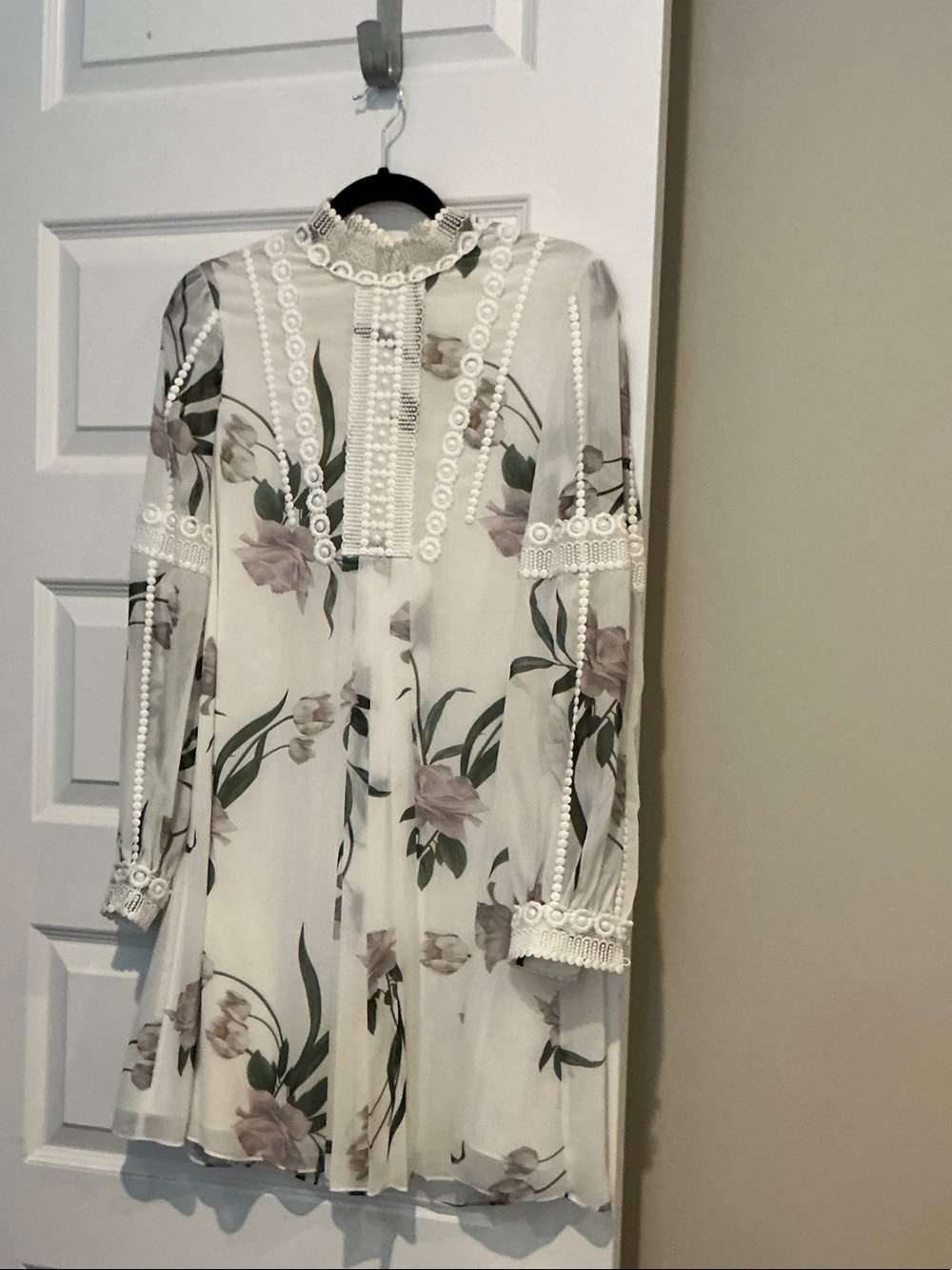 Ted Baker White Floral Lace-Trim Long Sleeve Dress